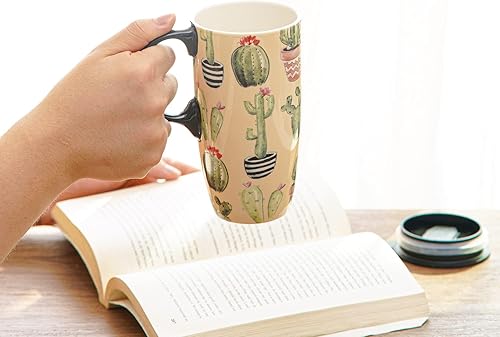Miniatura 3 de Topadorn Taza de cerámica para café, taza de té con leche de porcelana con tapa, 17 onzas, cactus