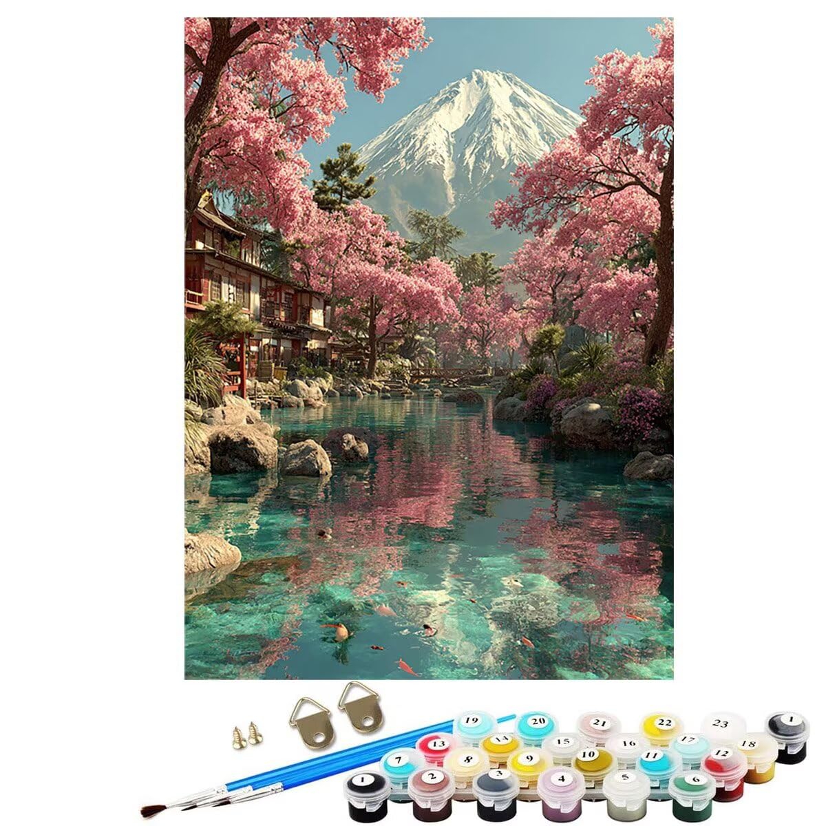 Landschaft Vulkan Fuji Malen Nach Zahlen Erwachsene, Paint by Numbers Adult Set, Heimwerk Malen Nach Zahlen Kinder Mit Rahmen, Pinsel und 36 Acrylfarbe Als für Deko Wohnzimmer 60 x 80 cm BJHDK41
