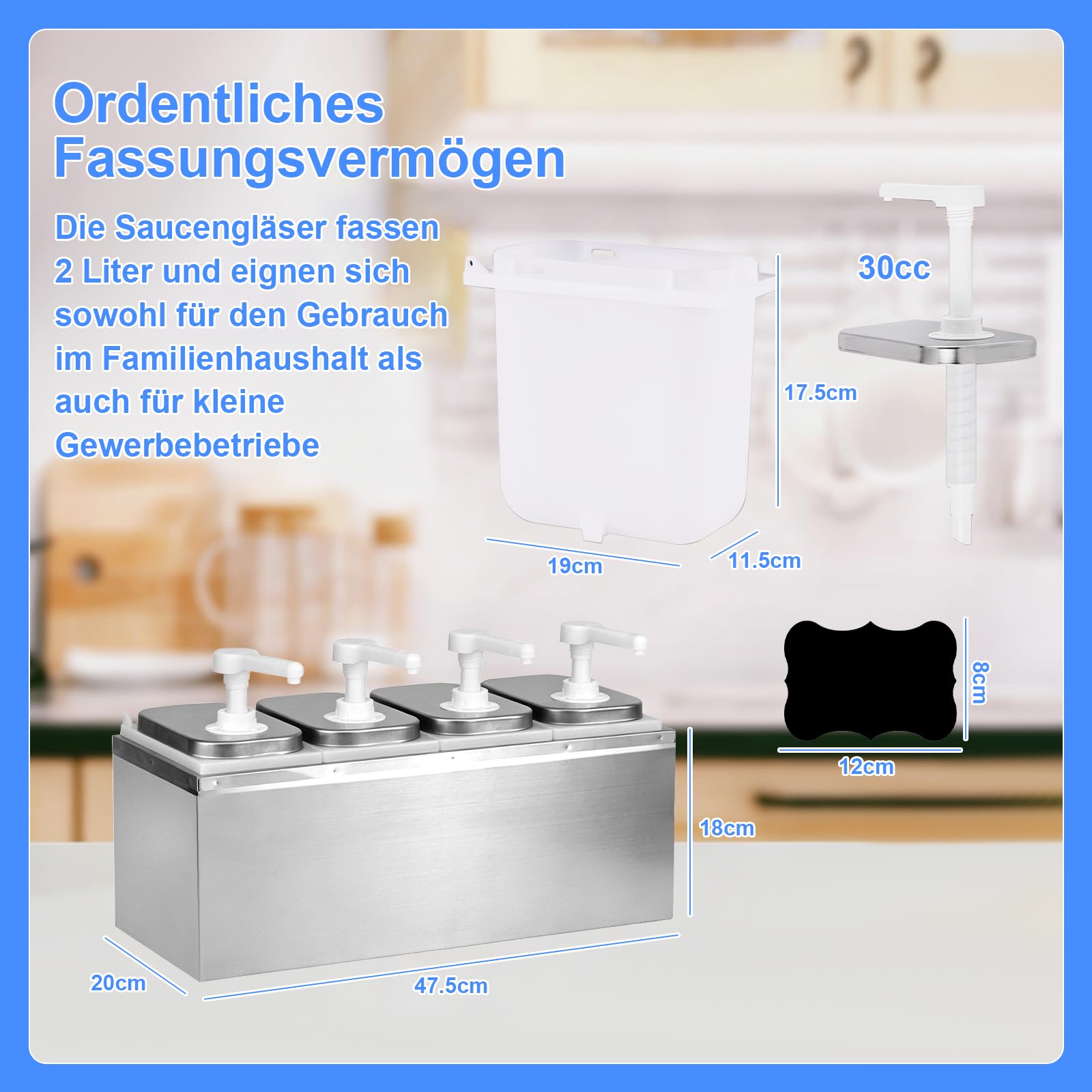 8L Ketchup Spender, Saucenspender mit 4 Pumpen, 8 Etiketten, Abnehmbar, Edelstahl-Gewürzpumpstation Küchensoßenspender, Salat Marmeladen Gewürz Gewürz Quetschpumpenbehälter für Küche und Restaurant