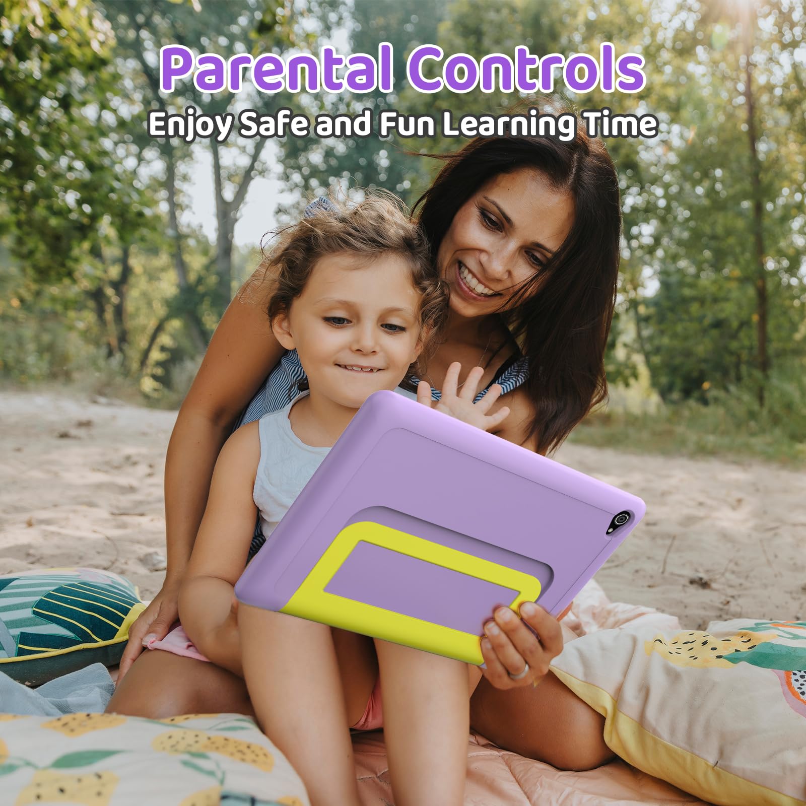 Tablet Bambini 10 Pollici Android 14 Display HD 1280x800 Batteria 5000mAh 8+64GB Espandibile a 1TB Doppia Fotocamera 5+8MP Custodia Protettiva + 3 Adesivi DIY (Viola)
