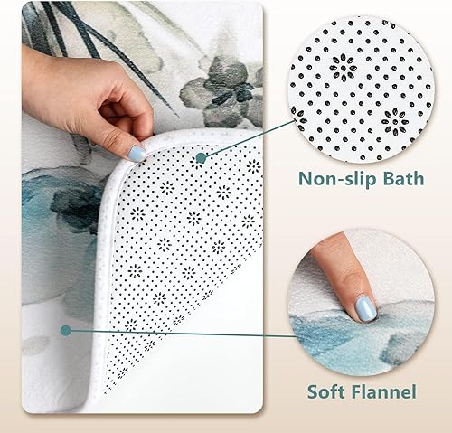 Miniatura 7 de Juego de 4 cortinas de ducha con alfombras antideslizantes, cubierta para tapa de inodoro y tapete de baño, cortinas de ducha de tela floral de 72 x