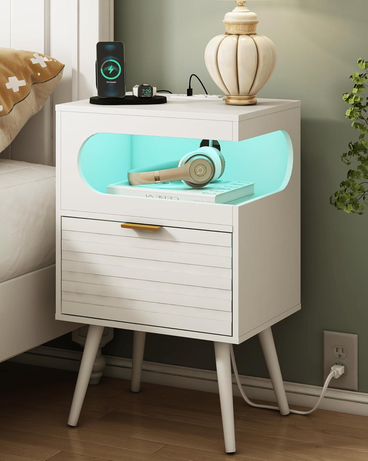 White Nightstand with Charging Station and LED Lights,Modern Bedside Table with Storage Drawer,Night Stand with Solid Wood Legs,White (White-1)