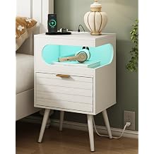 JOONEE White Nightstand with Charging Station and LED Lights,Modern Bedside Table with Storage Drawer,Night Stand with Solid Wood Legs,White White-1