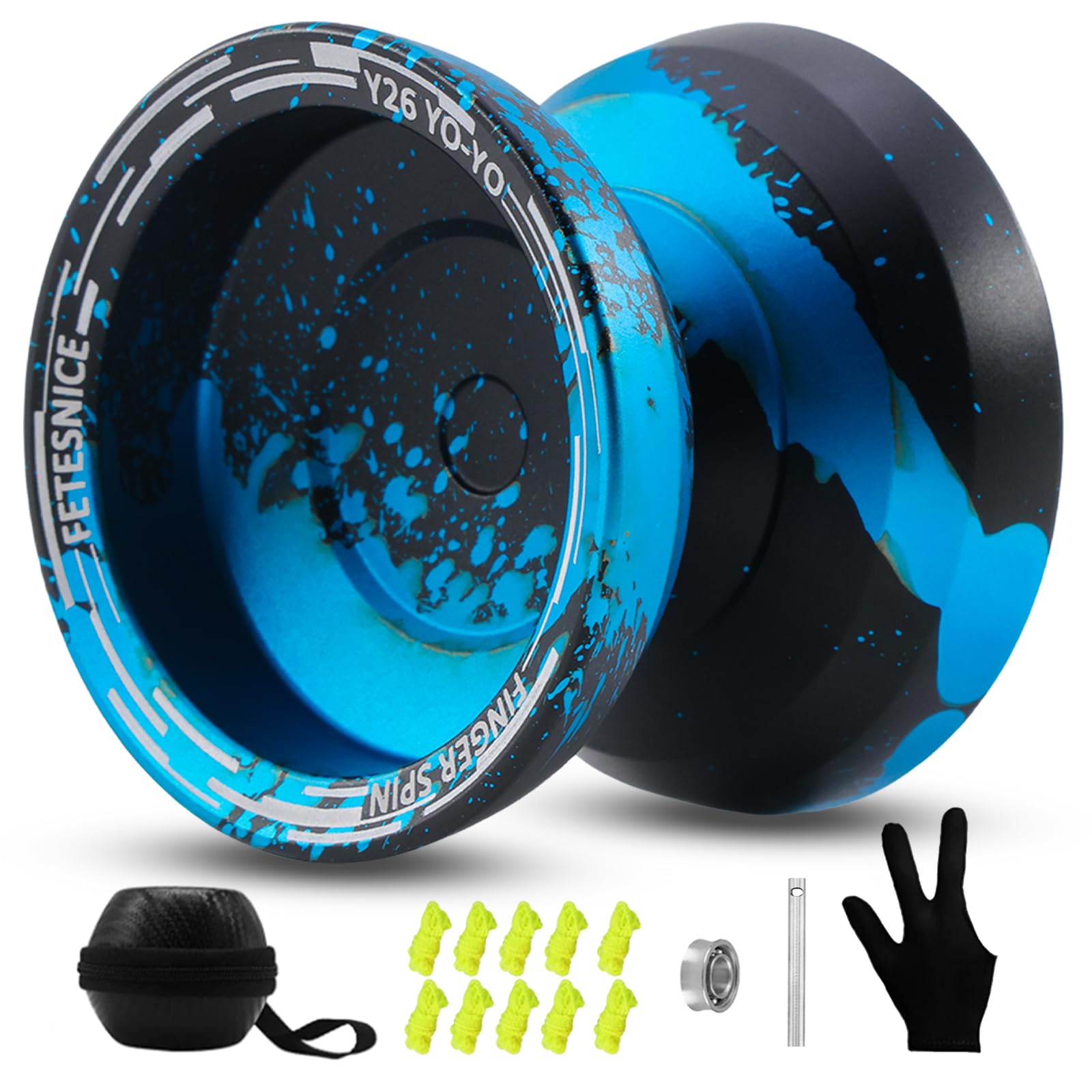 FETESNICE Y26 Professional Butterfly Yo-Yo - Dual Mode Responsive/Unresponsive Finger Spin Yoyo for Kids, Adults & Competition Players | Pro Yo-Yo with 10 Strings + Case & Gloves（Black Blue）