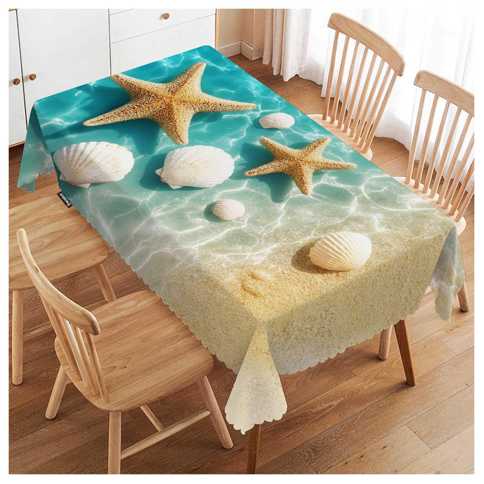 52x70 Inch Ocean Beach Tablecloth Summer Starfish and Seashell Ocean Sea Farmhouse Dining Table Cloth Anti-Stain Talking Table Cover for Kitchen Dinning Room Coffee Store