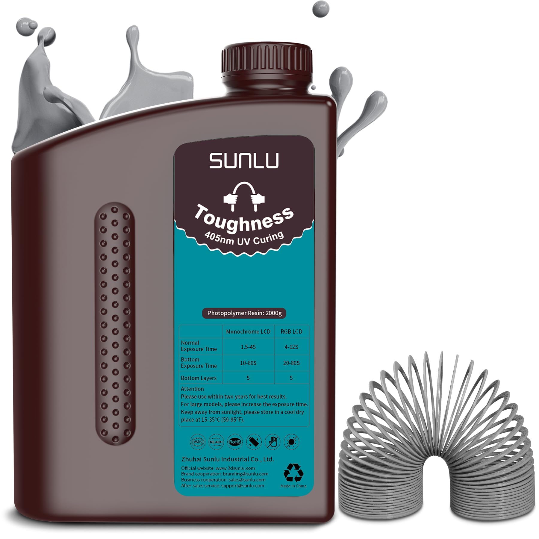 SUNLU Alta Tenacidad Resina para Impresora 3D 2KG, Resina de Fotopolímero de Impresión 3D Flexible y No-frágil, Resina UV de Curado Rápido de 405nm para Impresoras 3D LCD/DLP/SLA, 2000g Gris