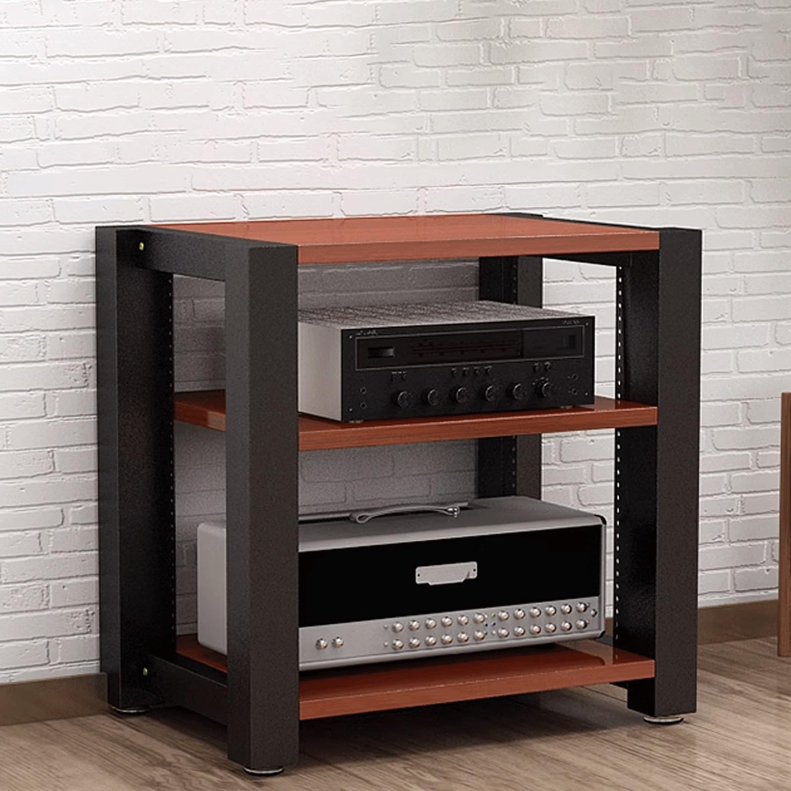 Robusto supporto AV rack – Mensola a 4 strati con tubo in acciaio resistente, torre regolabile in 4 colori (naturale + nero) per Home Theater e apparecchiature audio
