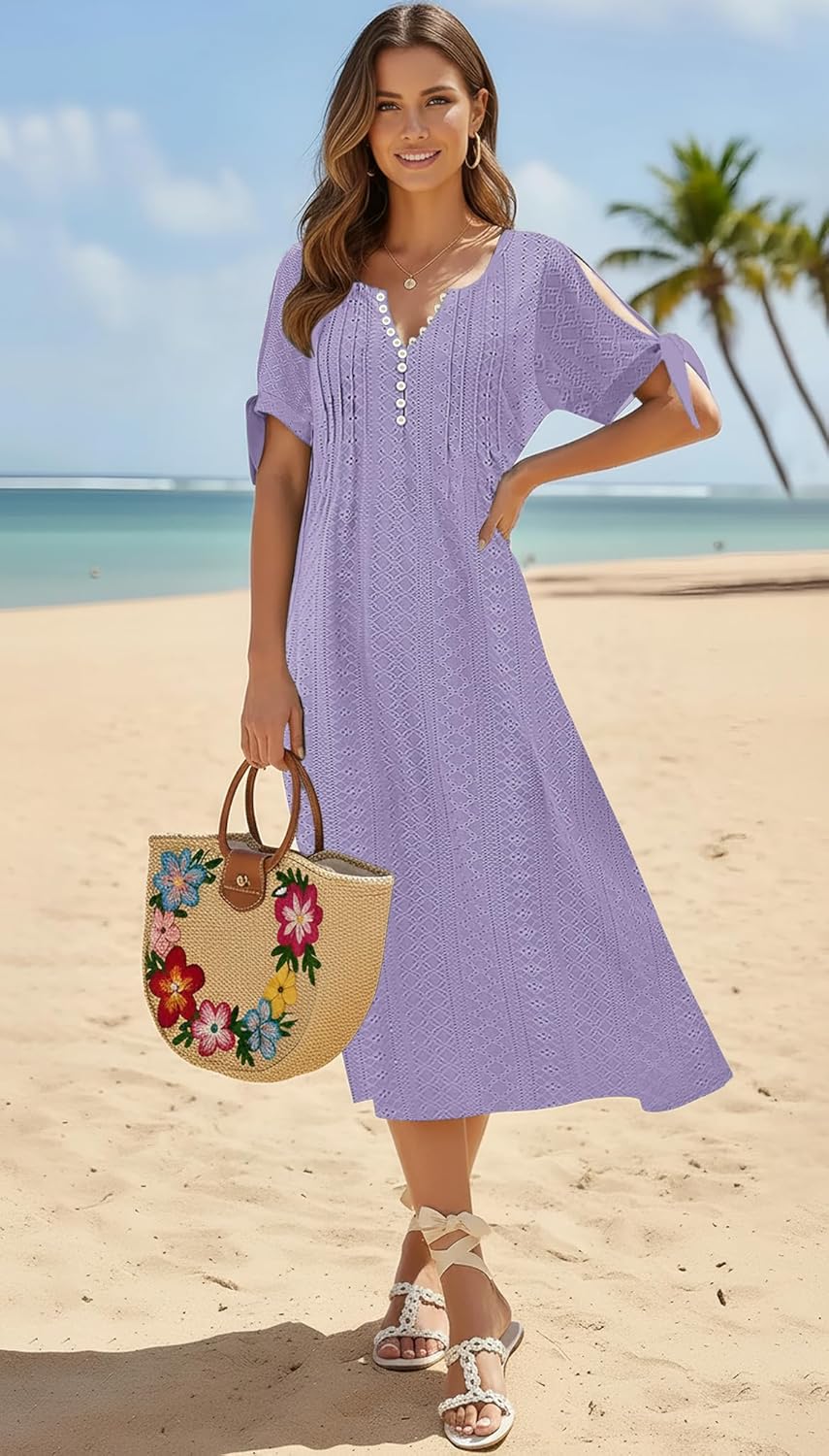Coverup Summer Dresses for Women 2026 Eyelet Casual Loose Maxi Sundresses Beach Dress with Pockets - Image 2