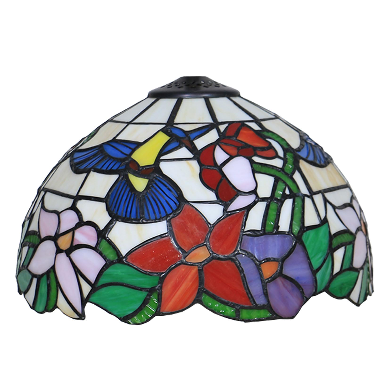 BOTOWI Tiffany Lamp Shade 12" Wide Accessories Replacement Only Birds & Flowers Stained Glass Lampshades Vintage Red Pink Orange Blue Lily Floral Light Cover for Table Lamp Pendant Light,Hummingbirds