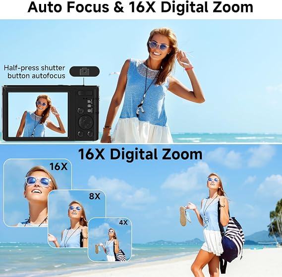 Digital Camera, FHD 4K 44MP Digital Camera, 16x Digital Zoom, Digital Point & Shoot Camera with 3 LED Fill Light, 64GB SD Card, Compact Camera, Kids, Teens, Boys, Girls, Black