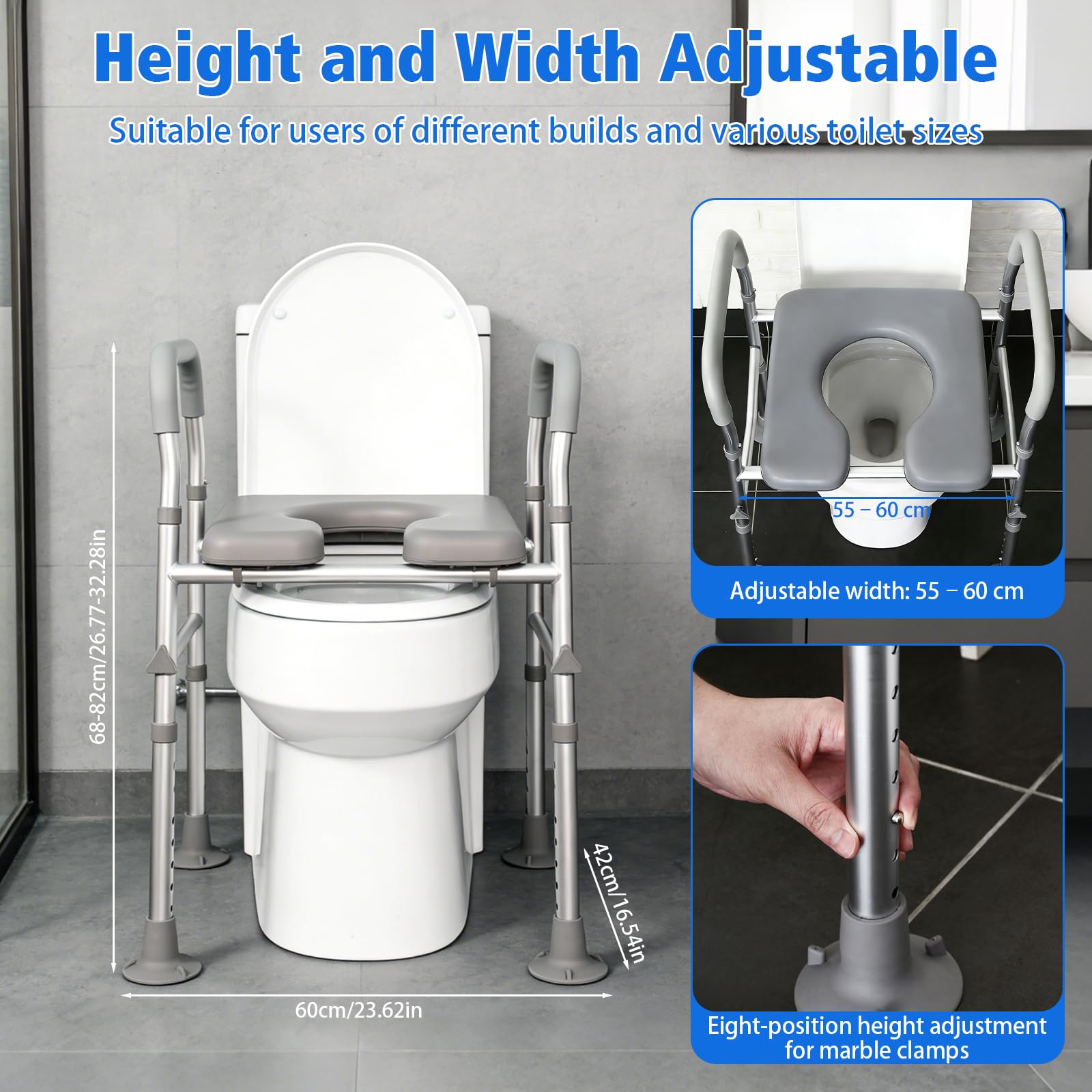 Rialzo per sedile WC per anziani con maniglie, in alluminio, con sedile imbottito, regolabile in altezza e larghezza, per anziani con handicap, bagno in gravidanza, fino a 181,4 kg, adatto a qualsiasi