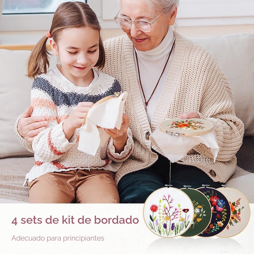 Kit de bordado para adultos, 4 juegos de iniciación de bordado con patrones de flores florales, kit de bordado a mano con aro de bordado e instrucciones (idioma español no garantizado), kits de punto