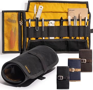 LOCHBY Art & Electronic Organizer | EDC Roll-Up Tool Bag for Pen Lovers & Tech | Multi-Pocket with Elastic Loops for Pens, Cables, External Hard Drives | Stylish Waxed Canvas & Durable Aluminum Hooks