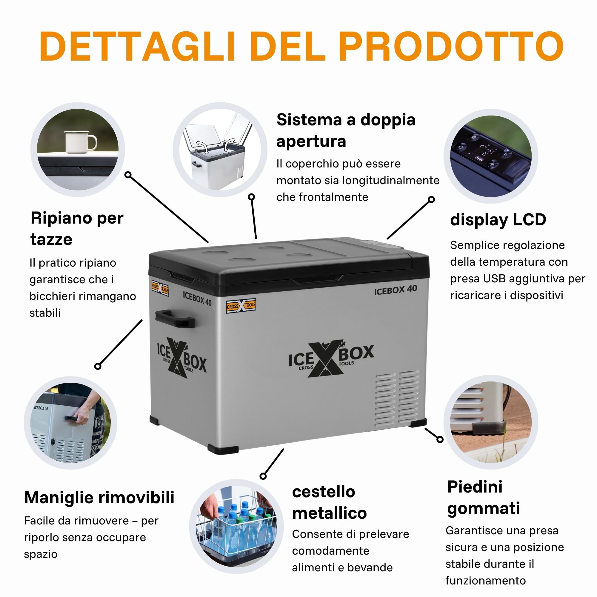 CROSS TOOLS Frigorifero portatile elettrico con compressore 37L -20°C, campeggio e auto, congelatore portatile, frigorifero con app, 230V/12V/24V, 65x37,5x42,7cm, ICEBOX 40