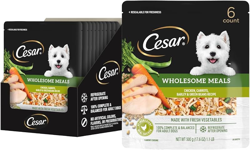Ração úmida para cães Cesar Wholesome Meals com carne bovina, frango e vegetais em molho, 6 sachês de aproximadamente 499 g