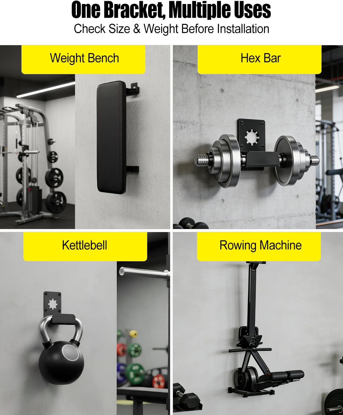 Weight Bench Wall Mount Storage Bracket 200LB Heavy Duty Gym Hanger | Heavy Duty Carbon Steel Wall Mount Brackets with Rubber Gasket for Weight Benches, Hex Bars and Home Gym Storage