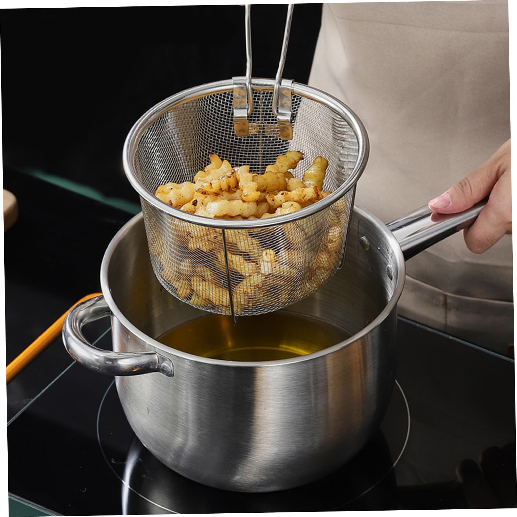 Sartenes para Patatas Fritas con Cesta y Tapa Olla freidora de Acero Inoxidable de 7 7 Pulgadas de diámetro con Cesta y asa para freír Pescado camarones Pollo Patatas Fritas