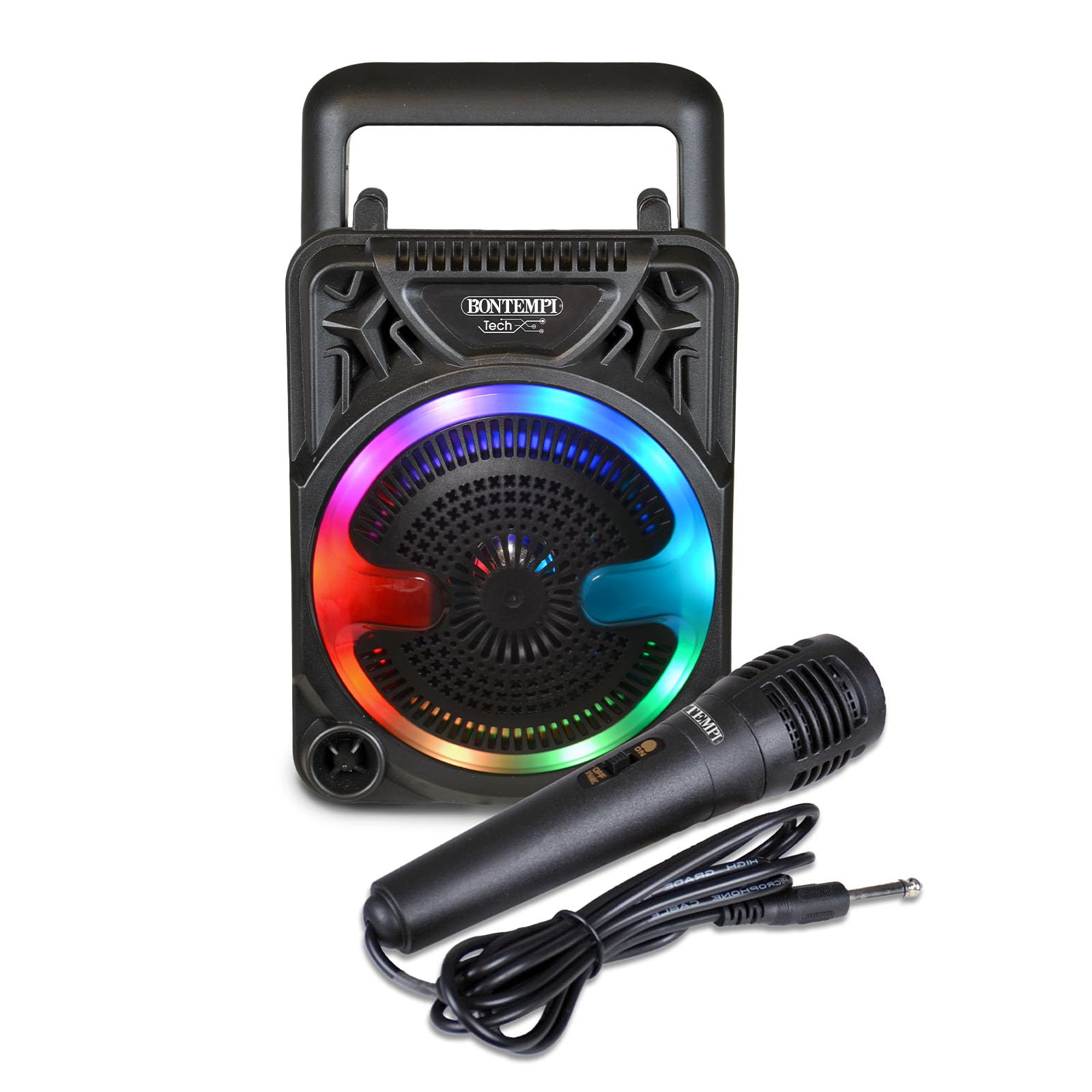 Bontempi Mini Wireless Speaker with Microphone and RGB Lights, 125 x 125 x 180 mm, Radio Function, Rot, Grün, Blau