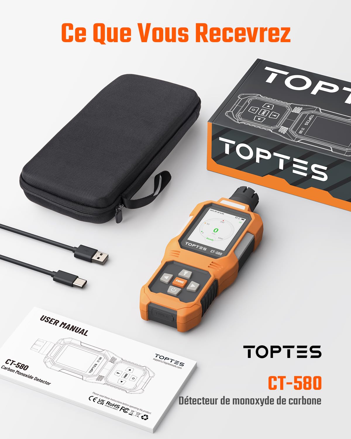 TOPTES CT-580 Détecteur de monoxyde de Carbone, détecteur de CO Rechargeable & Alarmes par Vibration, visuelles et sonores, Alarme CO Portable, 0-1000PPM pour Maison, Voiture, Camping & Voyages