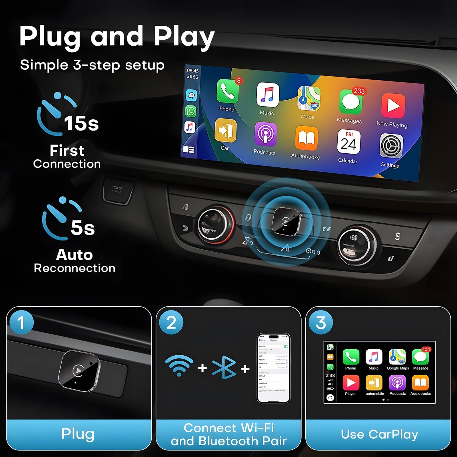 USB‑C Wireless-CarPlay- und Android-Auto-Adapter, Kabelgebunden-zu-Kabellos-Dongle | Plug & Play, kompatibel mit IOS und Android-Smartphones.