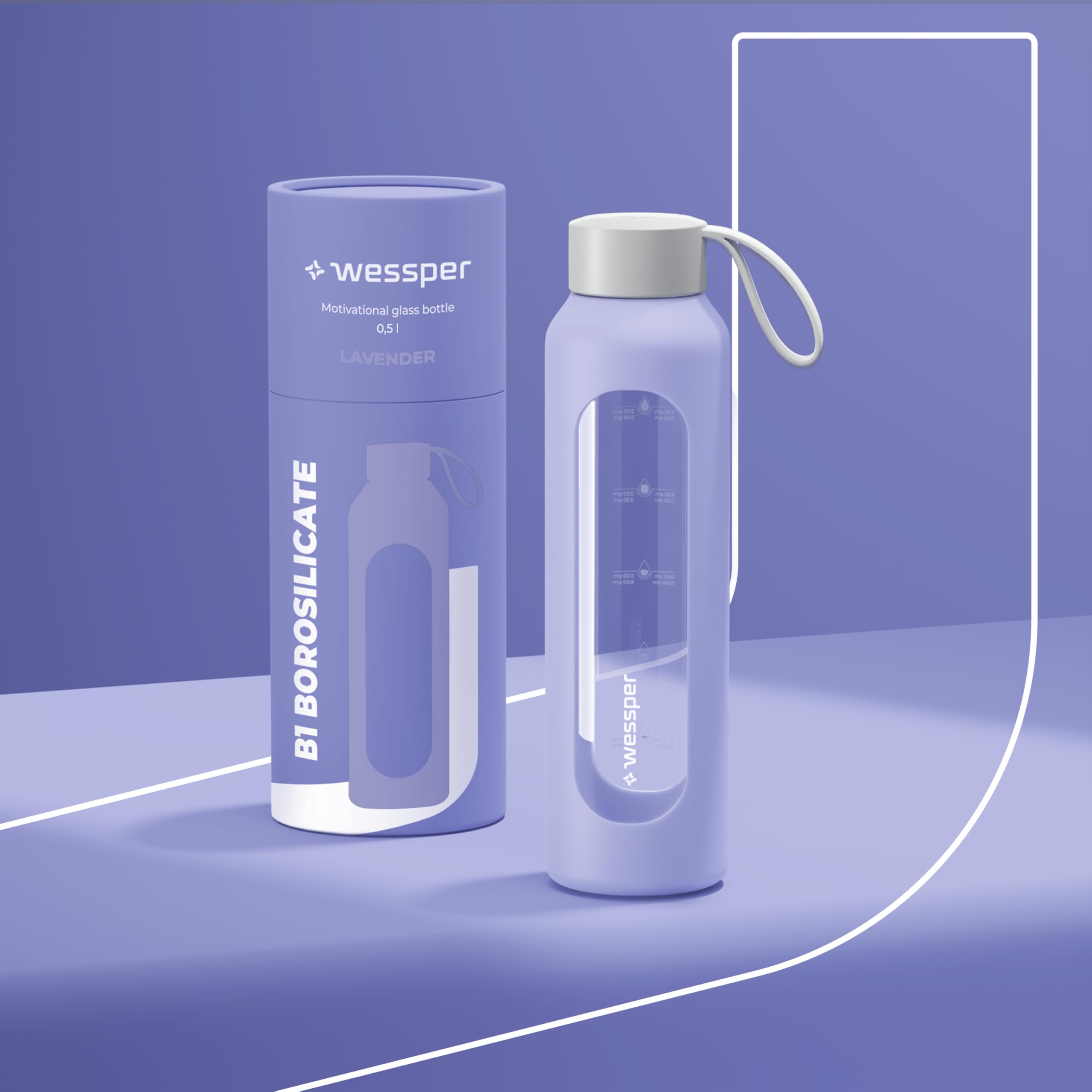 Wessper Botella de Agua Cristal, Botella 500 ml Motivadora con Escala de Hidratación, Botellas de Vidrio Borosilicato con Funda de Silicona, Material Seguro sin BPA - Violeta — view 5