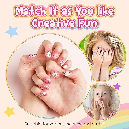 Miniatura 8 de Modelones Paquete de 144 uñas postizas a presión para niños, prepegamento, cobertura completa, color degradado, oso, animales, juegos de uñas