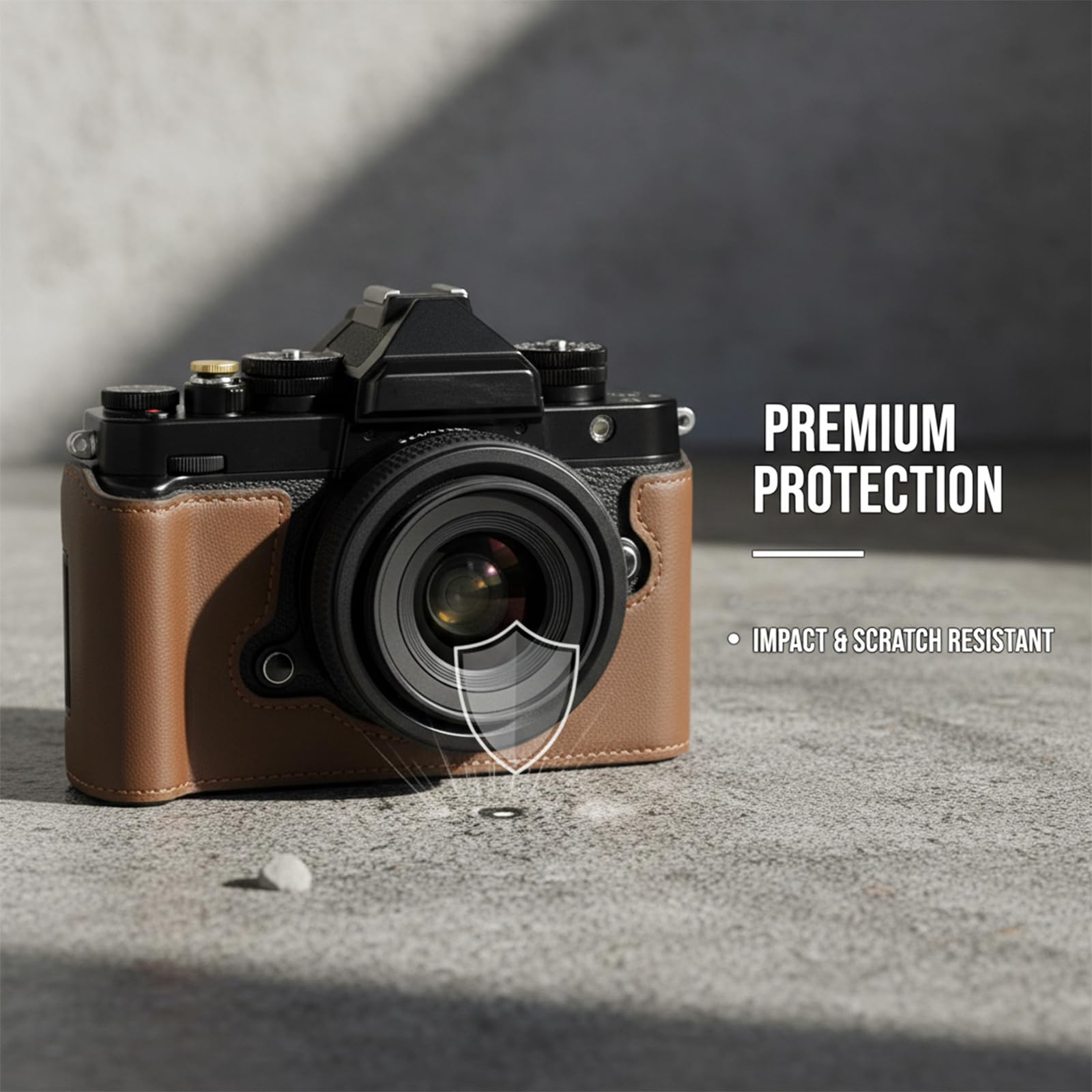 Półetui na aparat kompatybilne z Nikon Z fc osłona ochronna z prawdziwej skóry z dolnym otworem, uchwyt na rękę, łatwy dostęp do baterii, Kawa, pokrowiec ochronny na aparat