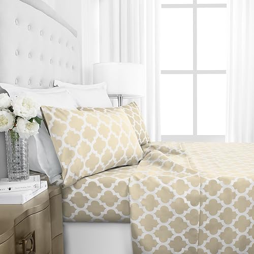 Sábanas de cama y funda de almohada impresa Egyptian Luxury 1800 Hotel Collection, patrón cuadrifolio, fundas grandes, resistente a arrugas y al