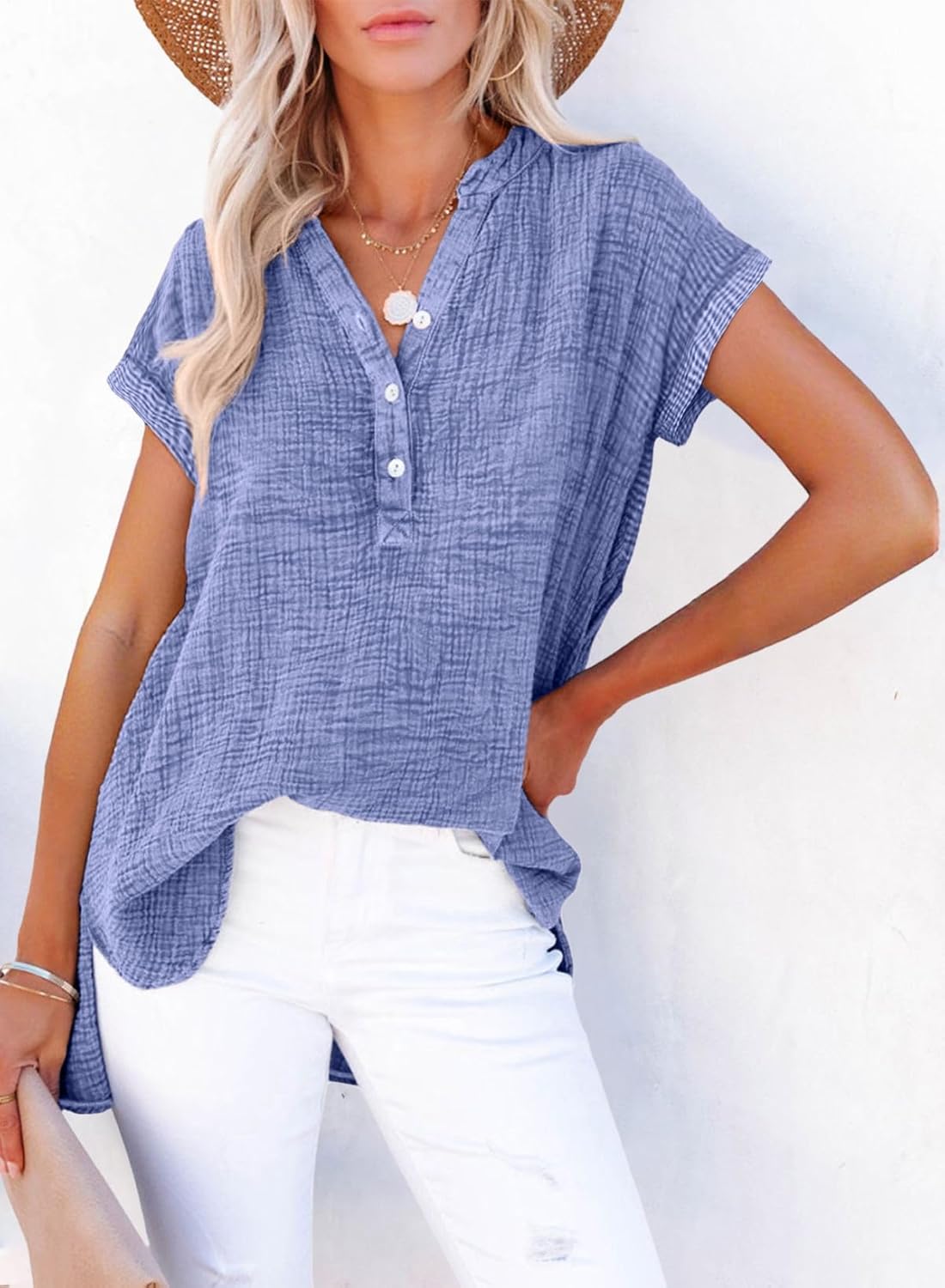 Dokotoo Women's Summer 2026 Boho Tops Casual Button Short Sleeve V Neck Shirts Solid Cotton Blouses - Image 2