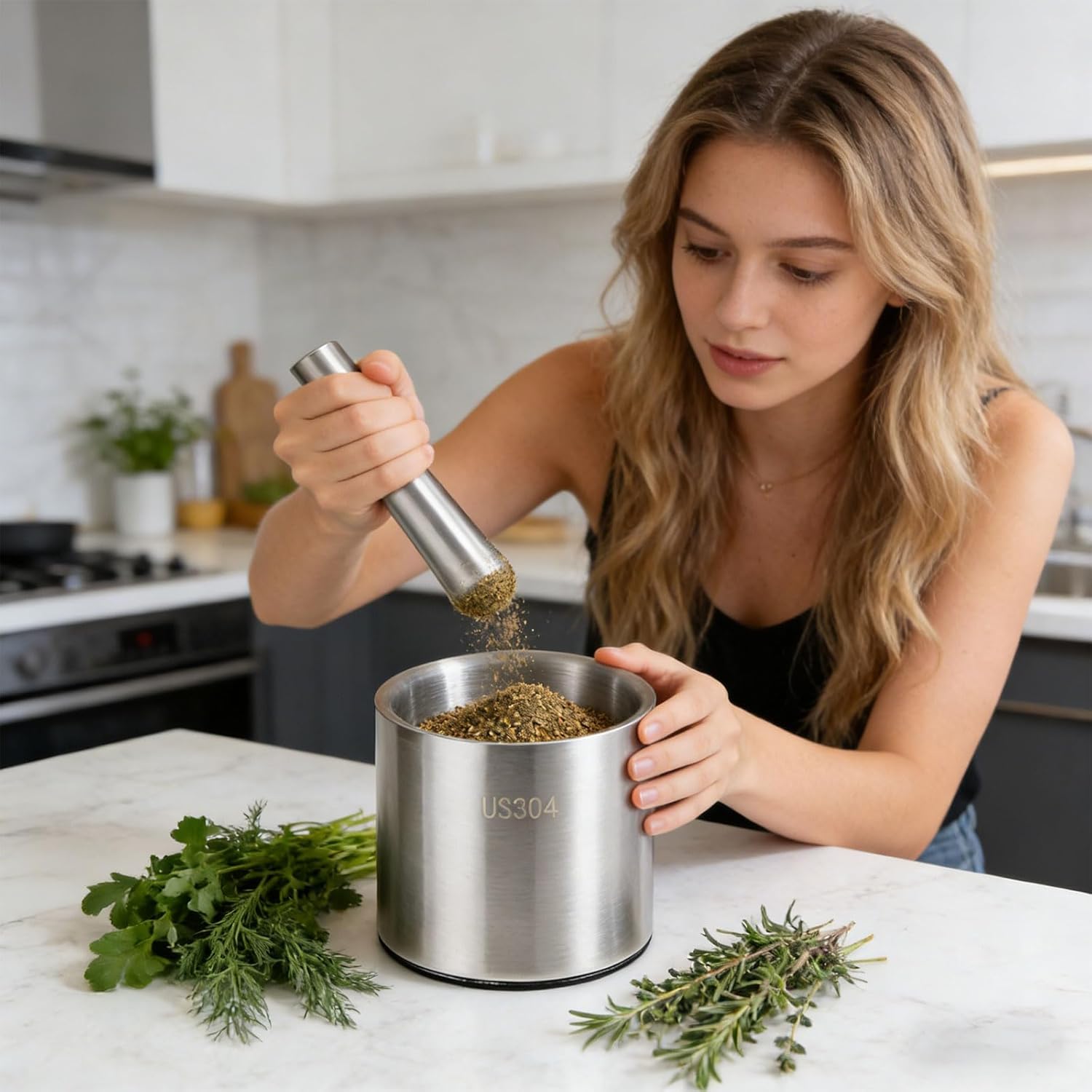 Grinding Bowl and Pounder Large Capacity for Blending Aromatics Coffee Powder Must-have Tool Stainless Steel Mortar and Pestle Grinder Bowl with Lid and Set Crusher Garlic Grinder Kitchen Grinding and