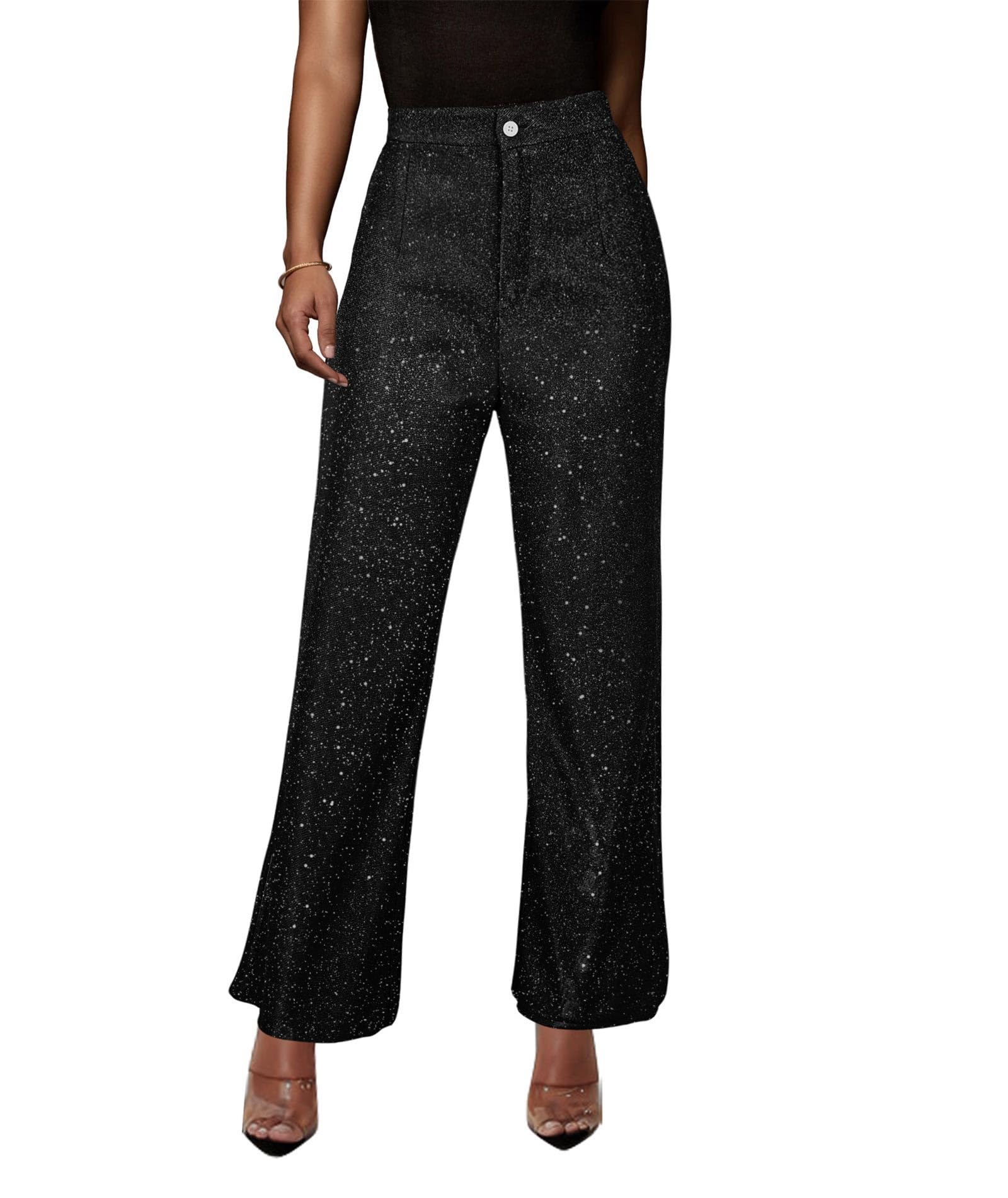 Raboolion Womens Sequin Wide Leg Pants High Waist Sparkly Button Fly Clubwear Vintage Long Trousers