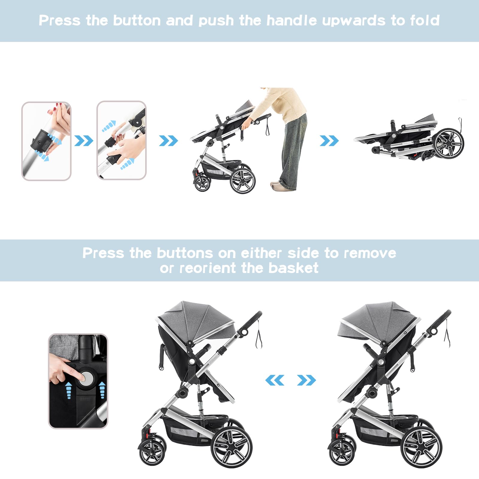 Cochecito Bebe 3 Piezas, el Chasis es de Aluminio, la Cesta Portabebés es de Tela 600D, Silla de Paseo Plegable, incluye Cubierta Para la Lluvia y Mosquitera, Negro