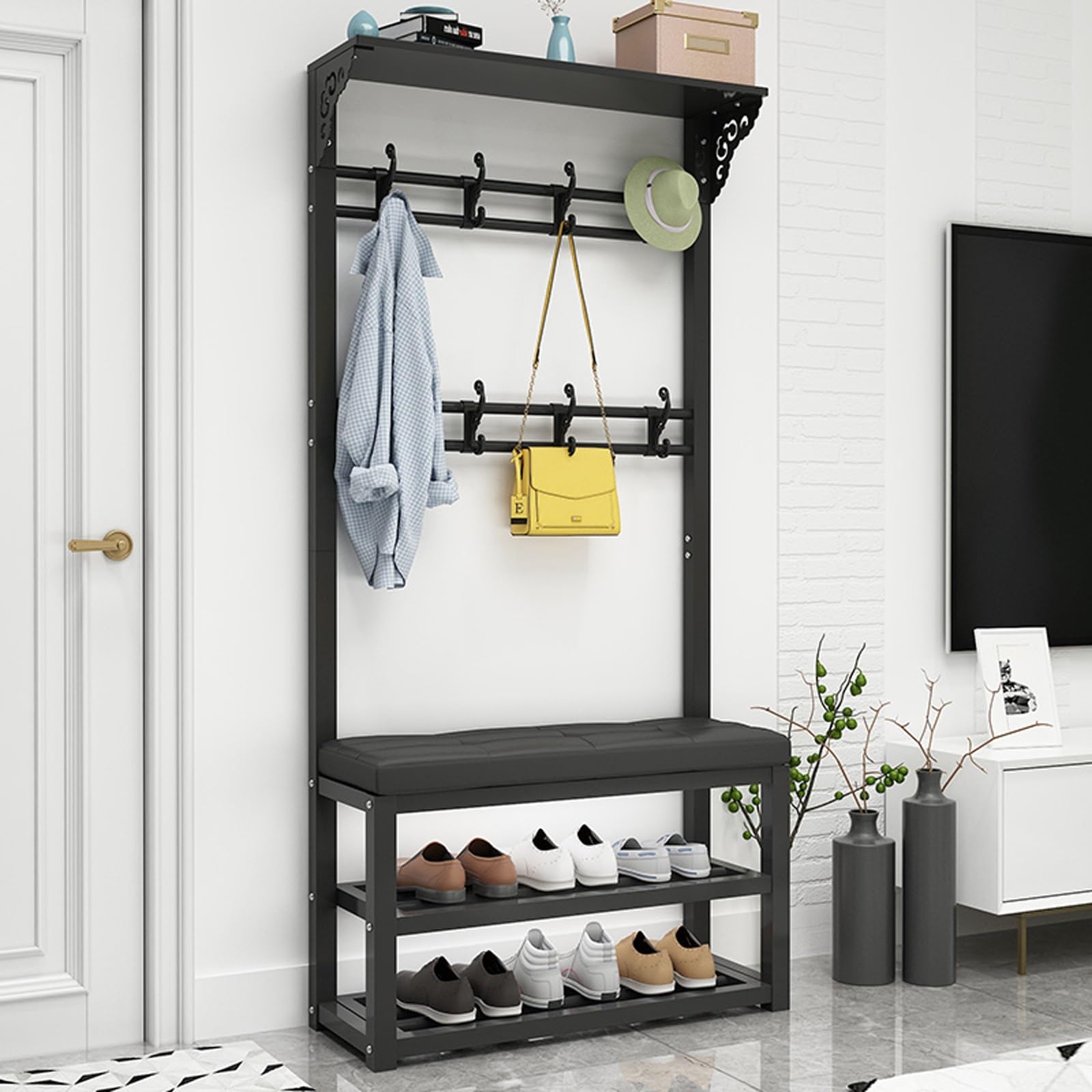 FGXHHS Entryway Coat Rack & Shoe Bench with Comfortable Cush - Metal Hall Tree Fur for Mudroom (Black, 80x30x172cm)