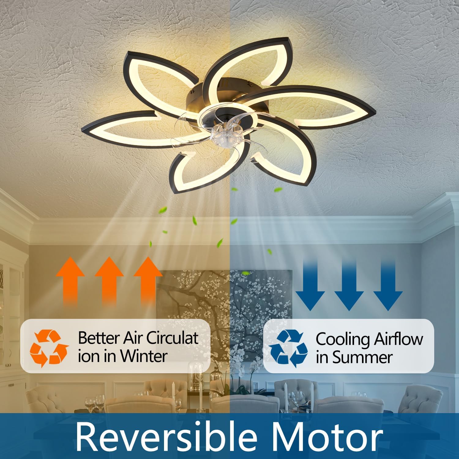 ceiling fan with lights remote control, black flower ceiling fan with light, 3 light color modern low profile flush mount ceiling fan for kitchen bedroom living room 30"-flower-black