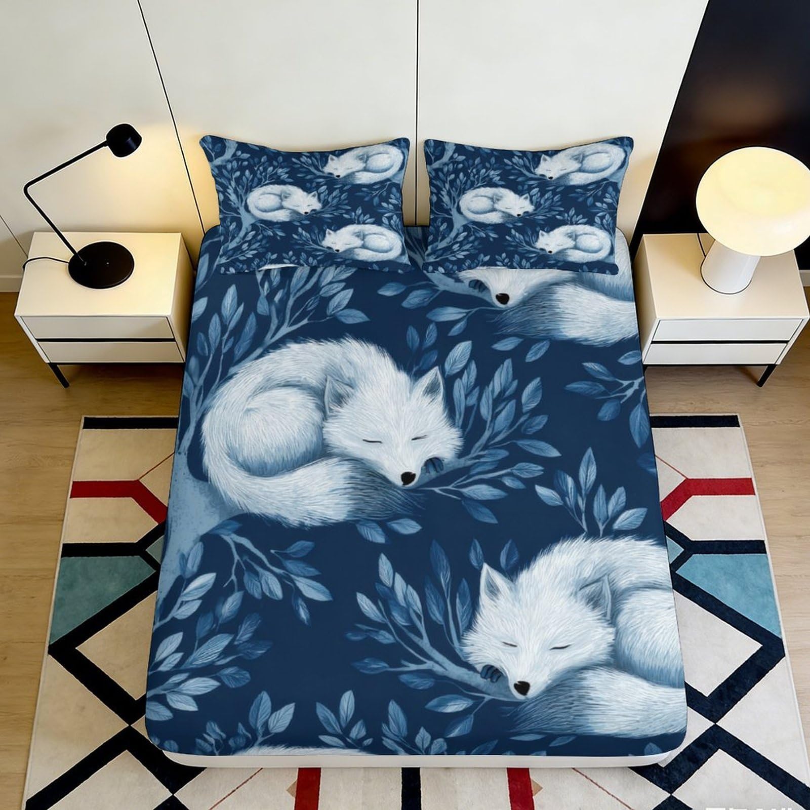 3D Printed Sleeping Fox Fitted Sheet Microfiber Soft Breathable Leaf Pattern Bed Cover for Bedroom Dormitory Guest Room Mattress Protection 160x200x25cm