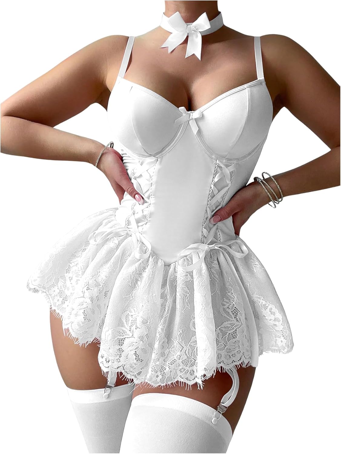 SHENHE Women's Lace Babydoll Garter Lingerie Dress with Thong and Stockings Set