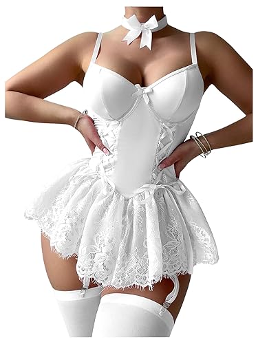 SHENHE Women's Lace Babydoll Garter Lingerie Dress with Thong and Stockings Set - Large - White