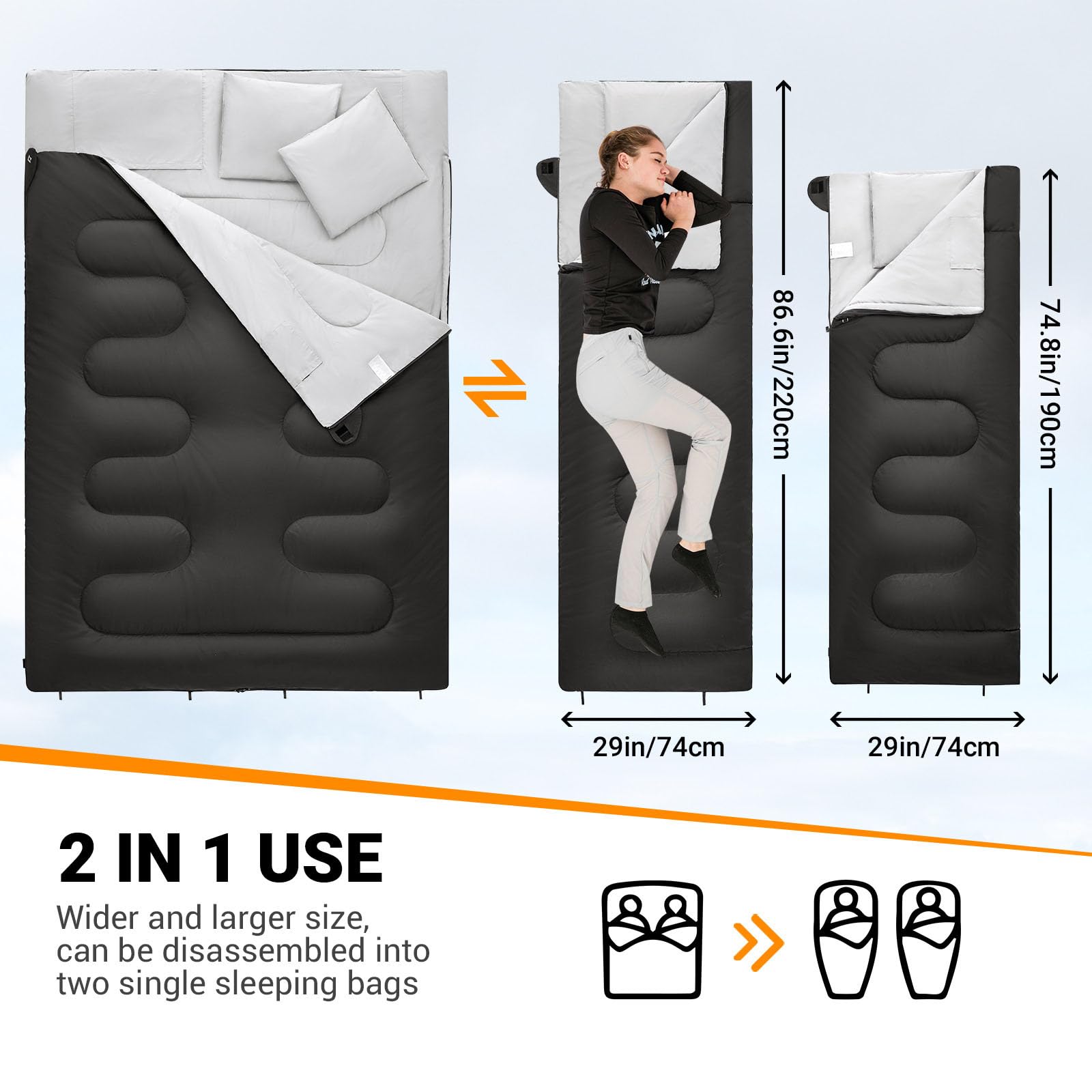 Saco de dormir doble para acampar al aire libre con almohada, portátil, diseño dividido, ampliado y grueso, relleno de algodón de plumón, apto para adultos, ligero para senderismo y viajes