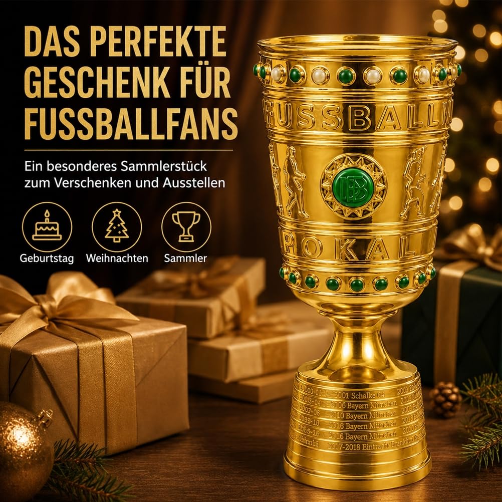 Deutscher Fußball Champion-Pokal Replik, 36 cm aus Harz, Goldfarben | Siegerpokal Sammlerstück für Vitrine,Schreibtisch,Regal und Fanbereich,Ideal als Sportandenken und Geschenk für Fussballfans