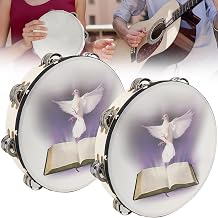 Wooden Tambourine for Adults, Hand Held Drum Bells 2PC, 8 inch Doves & Bible Design Style Handbell Tambourine Drums for Church Prayer, Double Row Jingles Musical Instrument for Sacred Rhythm Worship