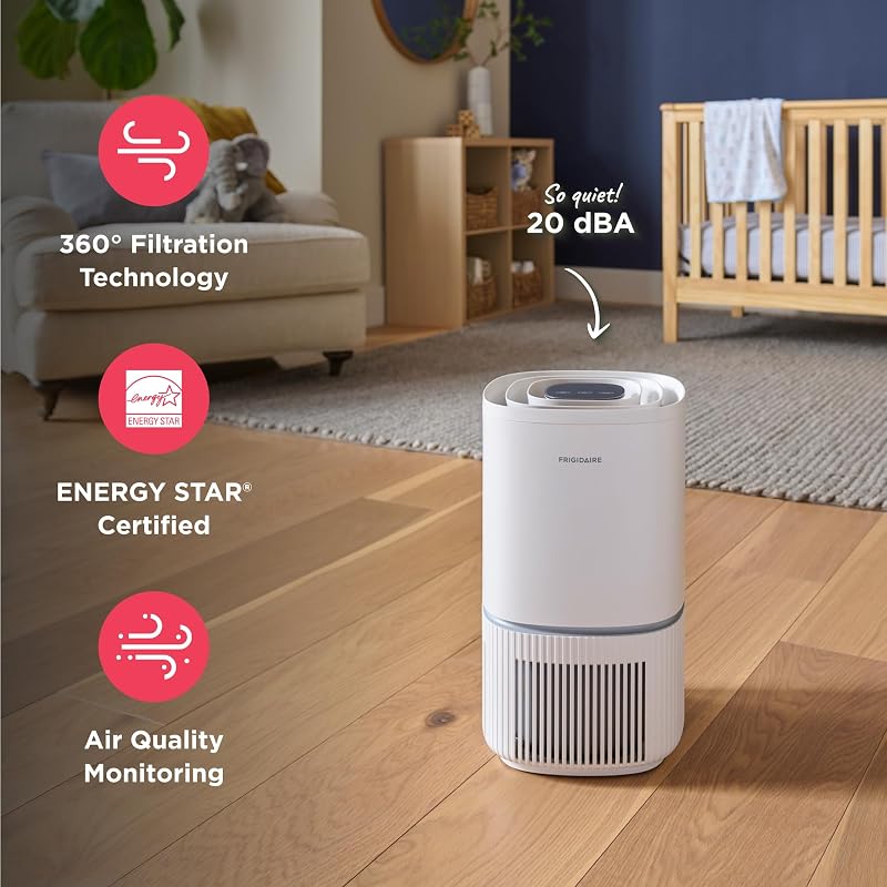 Frigidaire PureA300 HEPA Air Purifier for Small Bedrooms, Covers up to 850 Sq. Ft., 3-Stage Filtration, Energy Star Certification, Air Quality Monitoring, Smart Mode, Ultra Quiet, White image 4