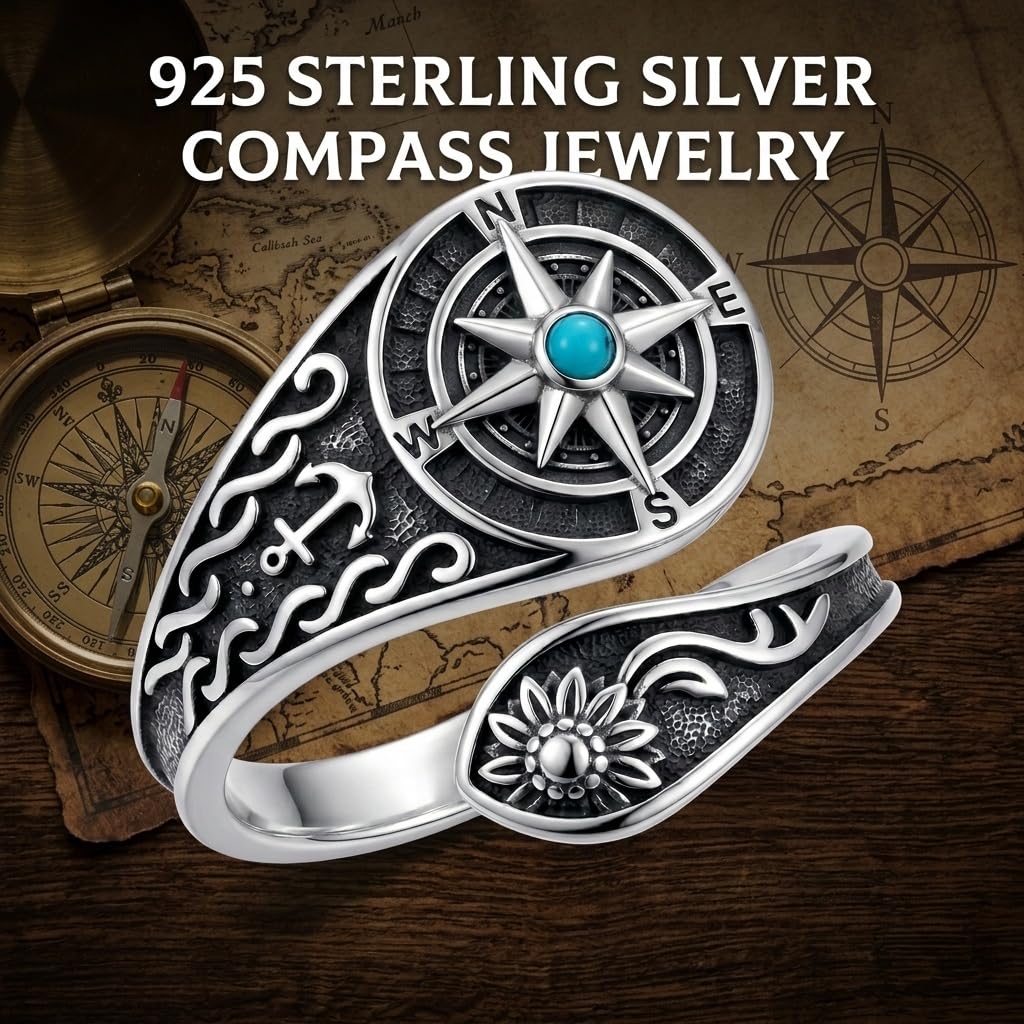 URONE Anillo giratorio de brújula de plata de ley 925 con brújula turquesa, anillo para envolver cucharas, anillos para la ansiedad, regalo para mujeres y amigas