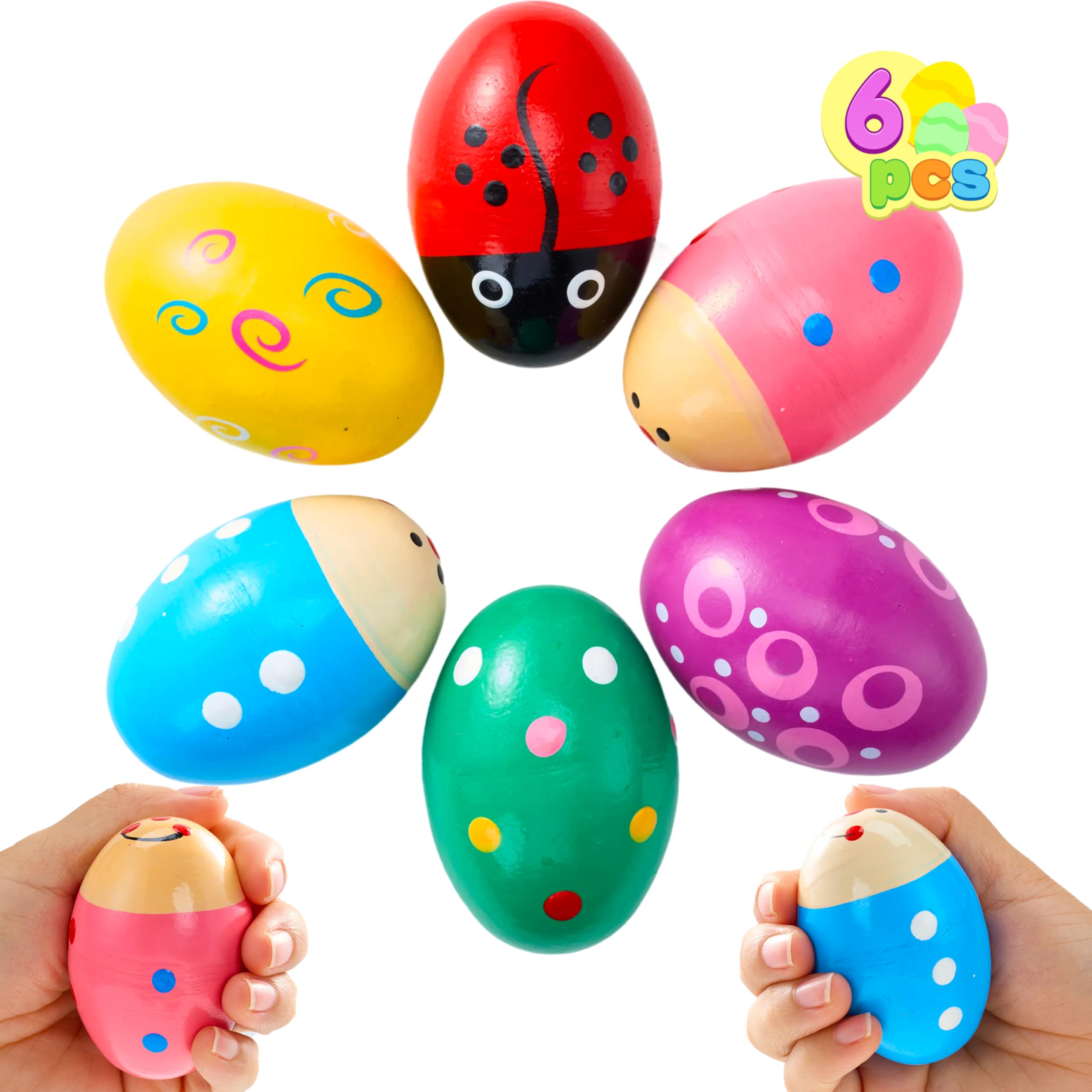 JOYIN 6 Packs Easter Wooden Egg Shakers Maracas Percussion Musical for Easter Basket Stuffer Filler Classroom Prize Supplies Musical Instrument Basket Stuffers Fillers for Kids Easter Hunt