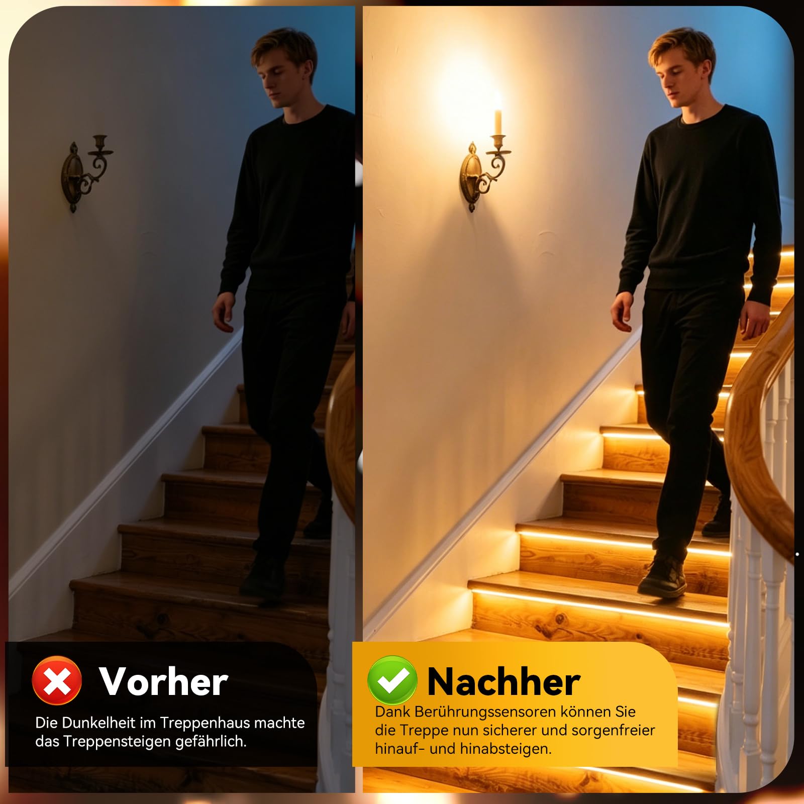 LED Treppenstufenbeleuchtung mit 2 Funkfernschalter, 16 Stufen 80cm Silikon-Profil Lichtstreifen 3000K Warmweiß Dimmbar Treppenlicht Komplettset für Innentreppen