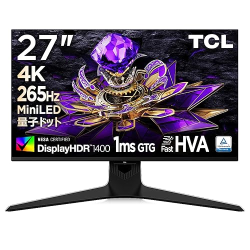 TCL 量子ドットMini LED モニター 27インチ 27R94 4K UHD 165Hz Fast HVAパネル 1ms 非光沢 HDR1400 Pantone認証 HDMI2.1 DP 簡単接続 同時作業 縦横回転 高さ調節 Type C 90W スピーカー内蔵 FreeSync G-SYNC VESA対応 ブルーライト軽減 ゲーミングモニター