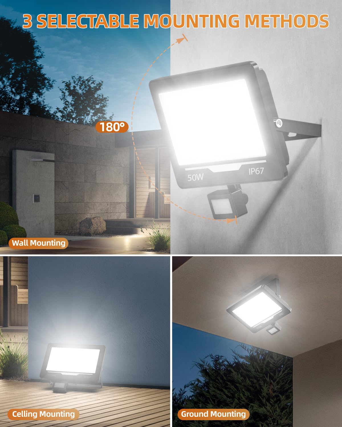 50W 5000LM Faretto LED da Esterno con Sensore di Movimento 2 Pezzi, 6500K Bianco Freddo Impermeabile IP67 Faretto Faro LED Esterno con Sensore Movimento per Cortile, Giardino