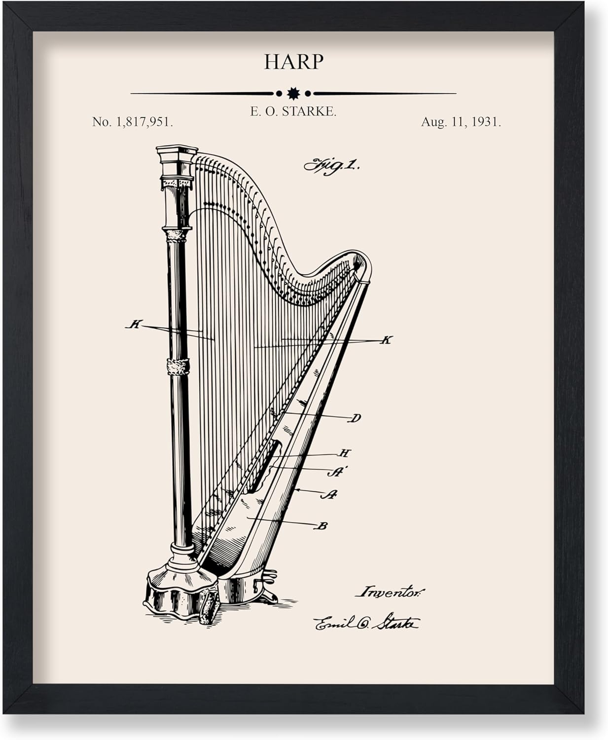 Monem Art Harp Blueprint Poster - Harp Patent Print - Music Art - Musical Instrument Design - Technical Design - Minimal Decor - Great Office or Music Room Wall Decor - 8x10 Black Framed
