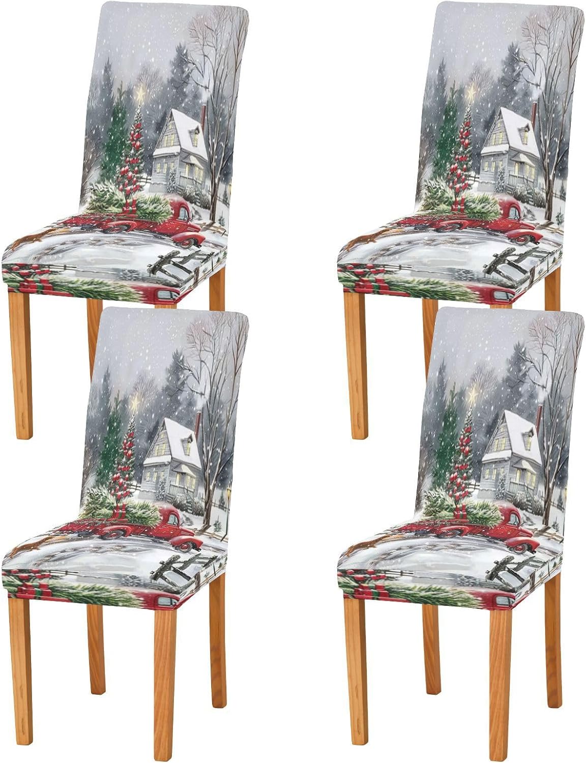 Winter Snowflakes Christmas Red Truck Dining Room Chair Covers Xmas Fir Tree Snow Dog New Year Seasonal Chair Seat Slipcovers Removable Washable Chair Cover Protector For Kitchen Restaurant Hotel 4pc