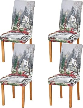 Winter Snowflakes Christmas Red Truck Dining Room Chair Covers Xmas Fir Tree Snow Dog New Year Seasonal Chair Seat Slipcovers Removable Washable Chair Cover Protector For Kitchen Restaurant Hotel 4pc