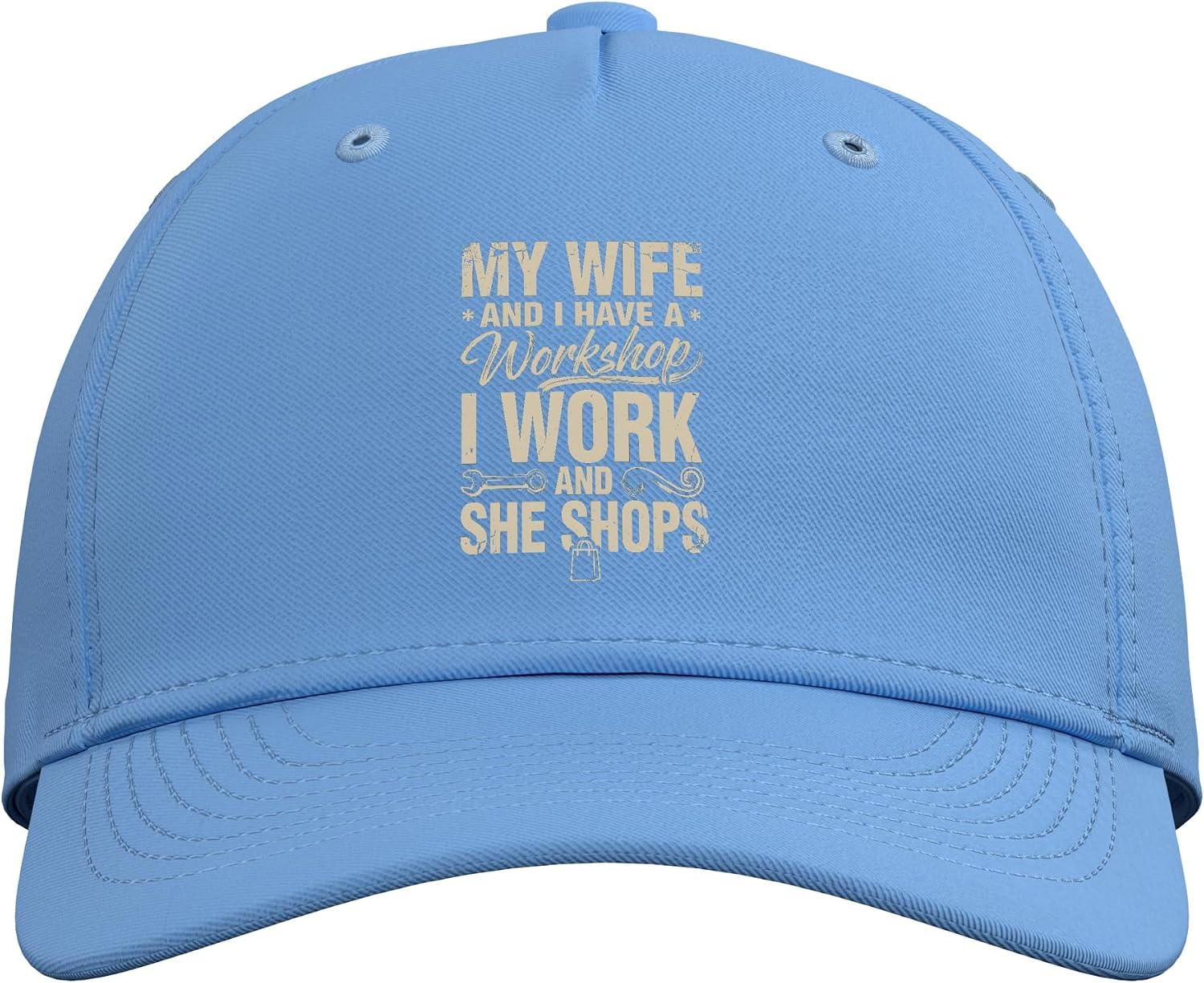 My Wife and I Have A Workshop I Work She Shops Funny Husband Adjustable Baseball Hat image 2